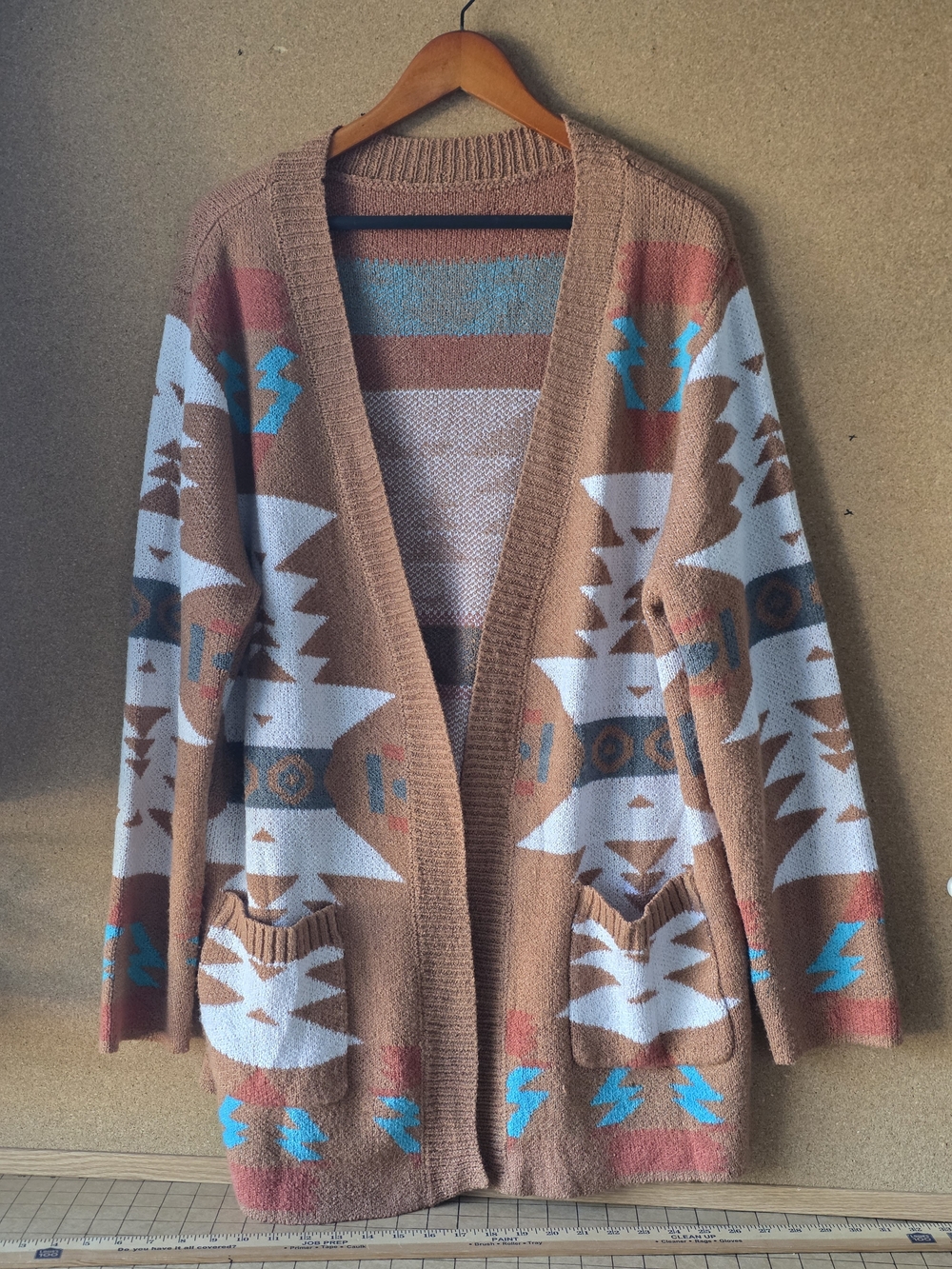Boho Aztec Southwestern Longline Cardigan Sweater Plus 2XL Rust With Pockets